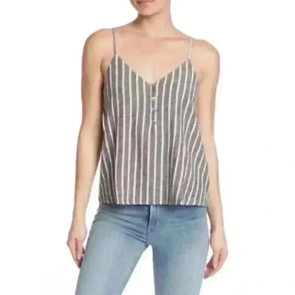 NWT Abound Linen Blend Button Front Camisole in Leo Black Stripe - Picture 1 of 5